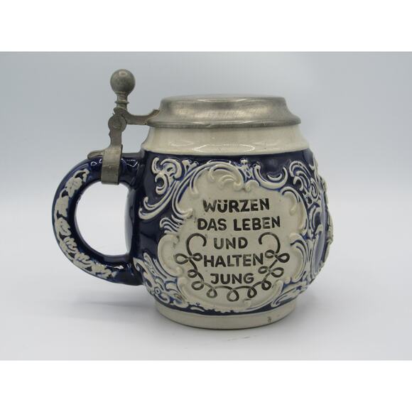 Authentic 1950s Marzi & Remy German Stein with Hinged Pewter Lid Blue 5 Inches - Picture 1 of 12